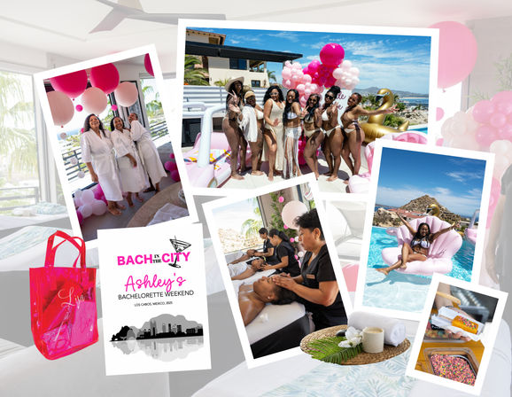 Collage of a Los Cabos bachelorette weekend at a sunny resort: friends posing by a pink-balloon pool, bride on an inflatable float, spa massages, swag bag and party treats.