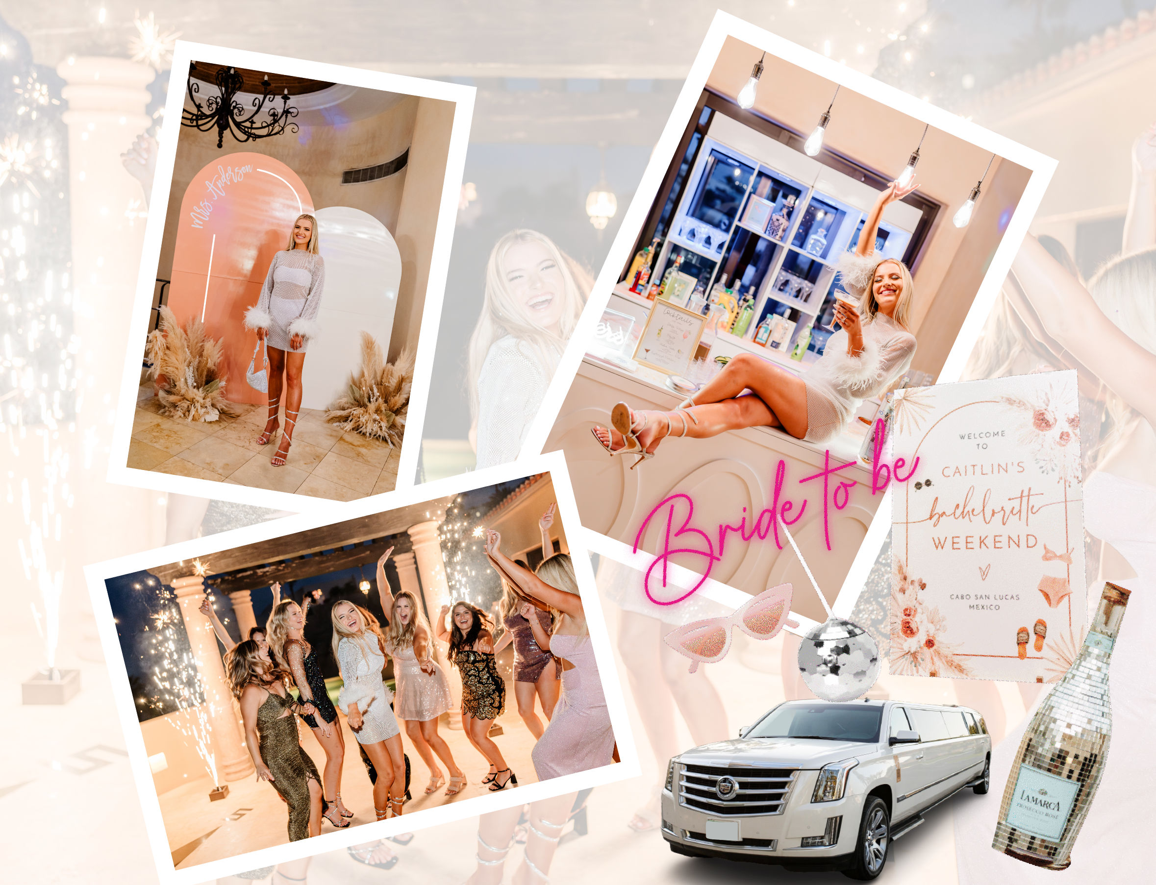 Bachelorette party collage showing a bride-to-be posing and celebrating with friends dancing, bar photos, disco ball, stretch limo and champagne for a Cabo San Lucas weekend vibe.
