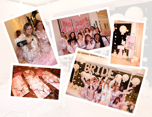 Indoor bachelorette party collage: bride and friends in pink satin pajamas, 'BRIDE' and 'No Boys Allowed' balloons, champagne tower and party favors.