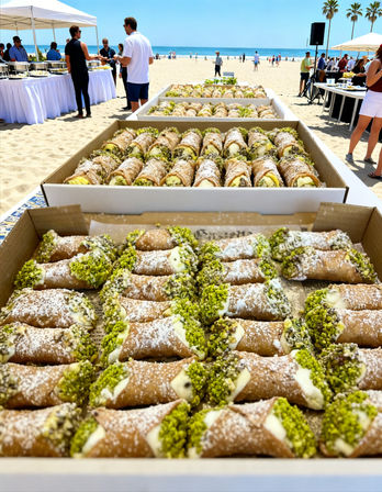 Rows of pistachio-dusted cannoli in cardboard trays on a beachside buffet, sunny sandy shoreline and blue ocean with palm trees and guests in the background