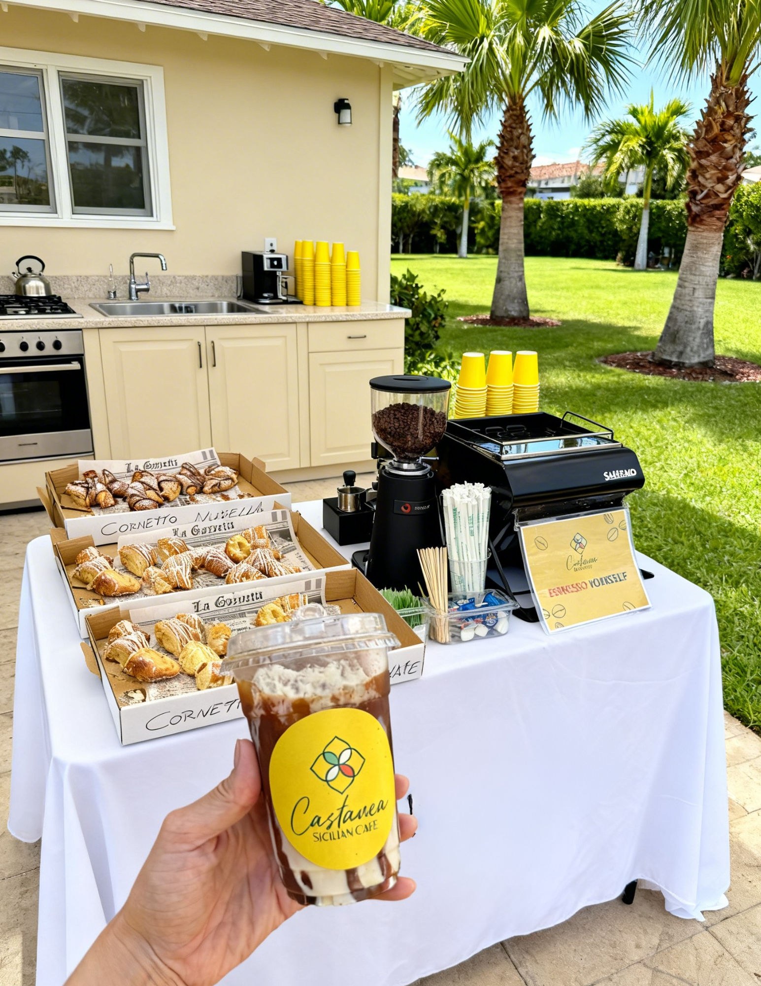Hand holding iced coffee in front of an outdoor coffee bar with espresso machine, grinder, stacks of yellow cups and trays of croissants on a white tablecloth, palm-tree backyard
