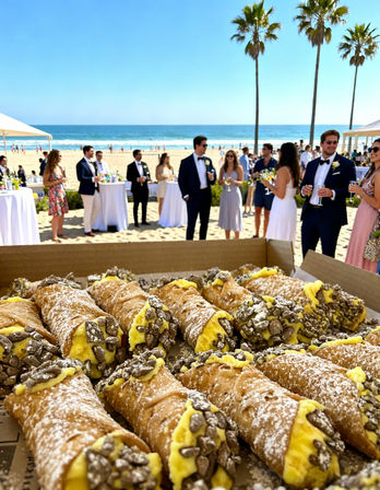 Close-up box of ricotta cannoli with yellow custard, powdered sugar and chocolate chips in foreground, oceanfront beach wedding cocktail reception with guests in formal attire, palm trees and waves under a bright blue sky