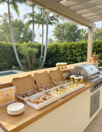 Sunny poolside patio with an outdoor breakfast spread: open boxes of assorted pastries and takeaway coffees on a wooden counter next to a stainless-steel grill, framed by palm trees and lush backyard hedges.