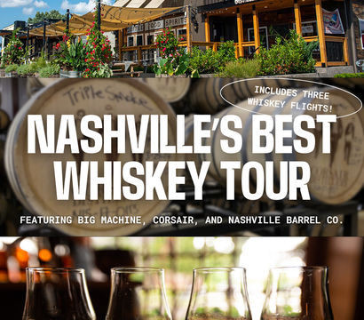 Promotional image for a Nashville whiskey tour: sunny distillery patio and greenery, stacked oak barrels, and whiskey flight glasses with amber pours on a bar.