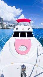 White luxury yacht with pink canopy and matching sunpad cruising turquoise bay with a coastal downtown skyline under bright blue sky and fluffy clouds