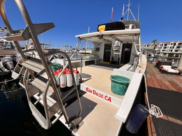 Docked dive boat at San Diego, CA marina with metal boarding ladder, clustered scuba tanks, green bucket on deck and waterfront condos under a blue sky