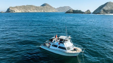 White motorboat with a scuba flag floating on deep blue ocean water near rugged rocky coastal islands under a clear sky