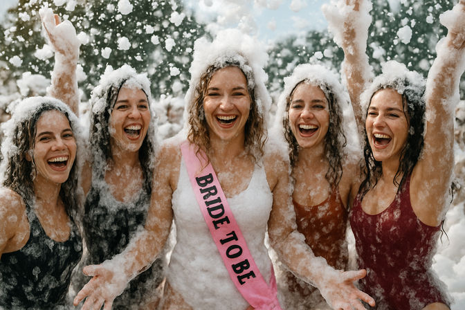 Bachelorette foam party outdoors — bride-to-be in a pink "BRIDE TO BE" sash and four friends laughing and covered in foam