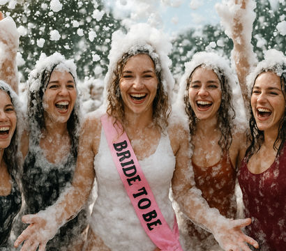 Bachelorette foam party outdoors — bride-to-be in a pink "BRIDE TO BE" sash and four friends laughing and covered in foam
