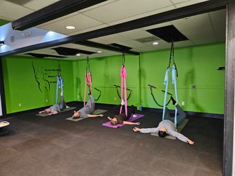 Aerial yoga class in a bright green studio with pink and blue silk hammocks suspended from ceiling beams as participants lie on mats with legs supported in the slings