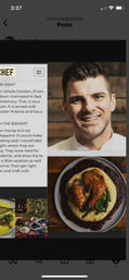 Smiling chef headshot beside a mouthwatering roasted chicken leg on creamy polenta with green beans and rich brown jus — Instagram-style food blog post highlighting a restaurant-style entree