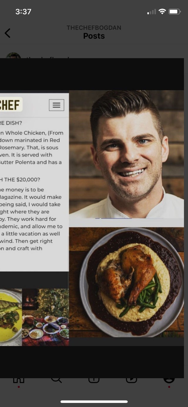 Smiling chef headshot beside a mouthwatering roasted chicken leg on creamy polenta with green beans and rich brown jus — Instagram-style food blog post highlighting a restaurant-style entree
