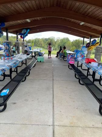 Outdoor park picnic pavilion with wooden arched roof decorated for a children's birthday — picnic tables with tablecloths, colorful balloons, gift bags and a cooler, a few people seated, grassy treeline and playground beyond.
