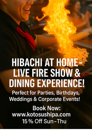Smiling hibachi chef in black shirt and red neckerchief ignites a towering flame over a flat grill of shrimp during a lively at-home teppanyaki fire show and dining experience