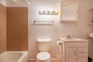 Cozy residential bathroom with white toilet and vanity, bathtub with brown tile surround, mirrored medicine cabinet and four-bulb vanity light