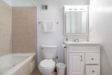 Bright compact residential bathroom with beige-tiled bathtub/shower, white toilet, white vanity with sink and mirrored medicine cabinet, towel on rack and small trash bin.