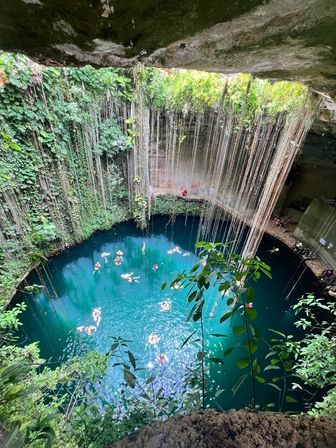 Aerial view of a turquoise cenote sinkhole in Yucatán, Mexico — steep limestone walls draped with hanging vines and roots, swimmers floating with red life vests