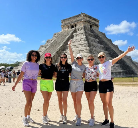Six women in colorful summer outfits smiling and posing with arms raised in front of the El Castillo pyramid at Chichén Itzá, Yucatán, Mexico under a bright blue sky.