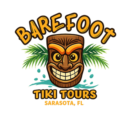 Playful tiki mask logo showing a grinning carved wooden face framed by palm fronds, turquoise water splashes and bold yellow stylized lettering promoting a tropical boat tour in Florida.