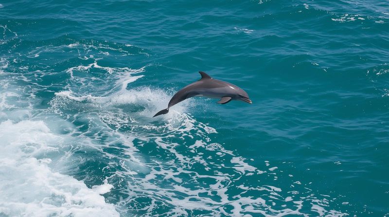 Playful dolphin leaping above turquoise ocean waves beside a boat wake
