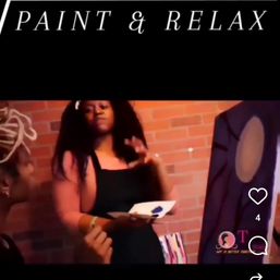 Paint & Relax banner over a brick-walled art studio paint night, two women in aprons, one holding a paint palette beside an easel with an abstract canvas