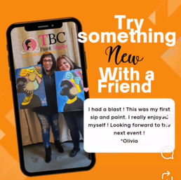 Orange promo with a smartphone frame showing two women holding colorful silhouette paintings, headline encouraging 'Try something new with a friend' and a speech-bubble testimonial about enjoying a local sip-and-paint workshop.