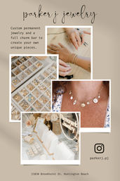 Collage of custom permanent jewelry: organized charm trays, bracelets being fitted, a charm necklace on a neckline, and a display table for customizable pieces — custom jewelry service in Huntington Beach, CA.
