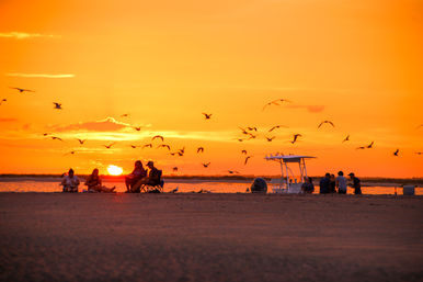 Group of people relaxing on a sandy beach at golden sunset, seagulls flying across an orange sky and a small boat anchored near the shoreline.
