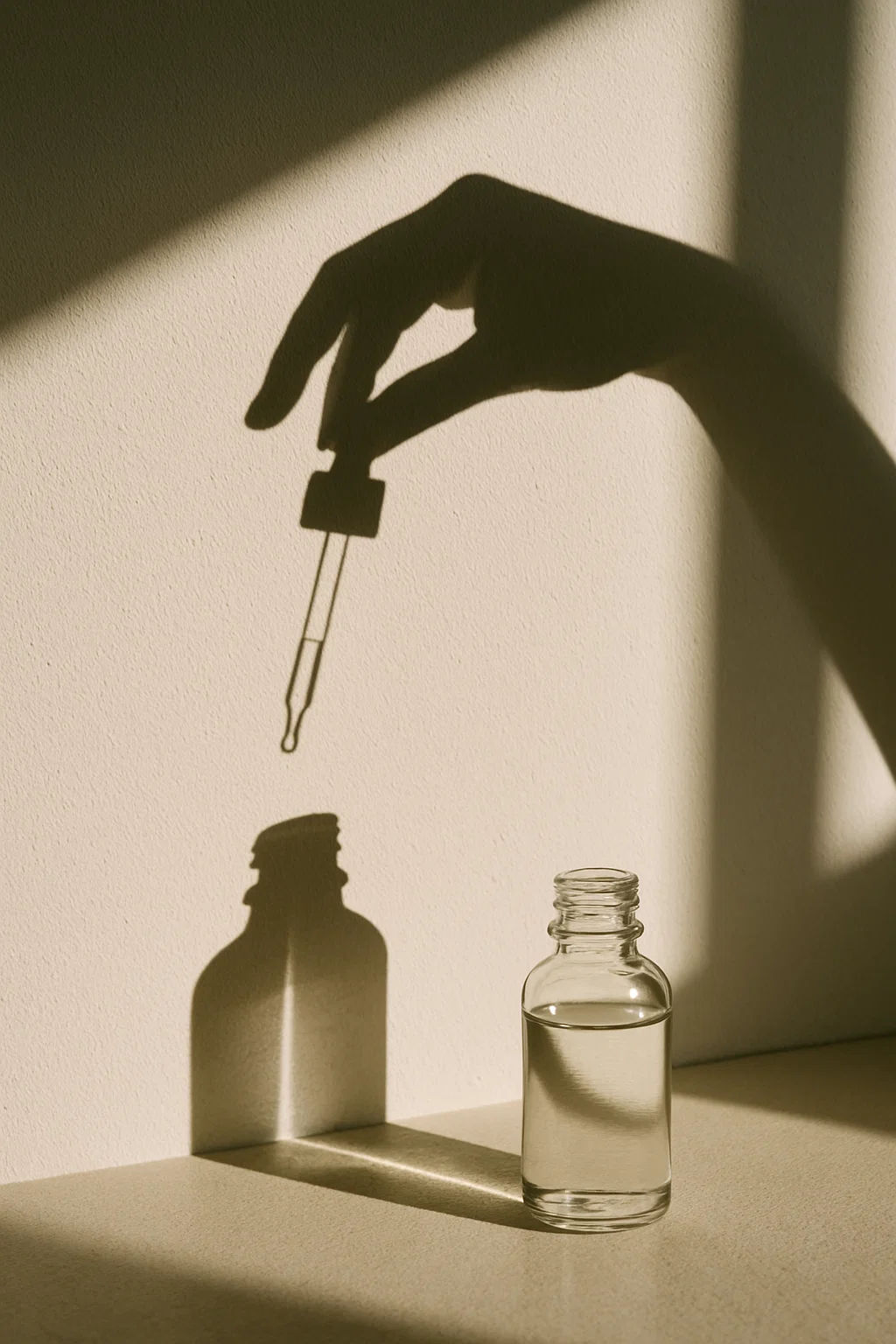 Sunlit minimal still-life: clear glass dropper bottle on a tabletop with a shadowy hand holding a pipette above, casting crisp silhouettes on a textured wall.