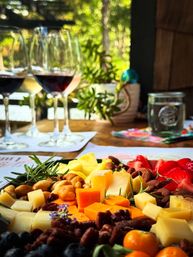 Sunlit outdoor patio charcuterie and cheese board with assorted cheeses, nuts, berries and herbs, paired with three red wine glasses and leafy background
