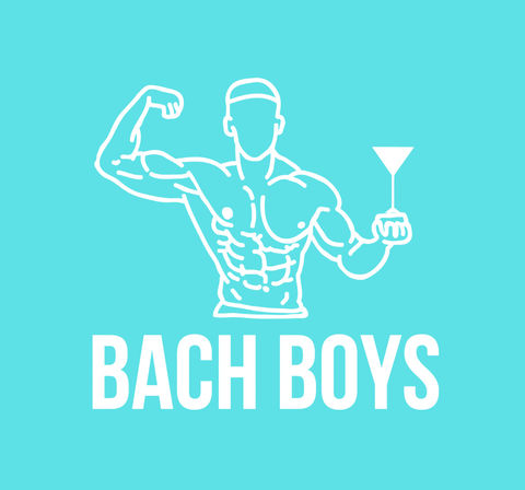 Turquoise graphic of a faceless muscular man flexing one arm and holding a martini glass above bold text "BACH BOYS" — playful bachelor party logo for men's event and party entertainment