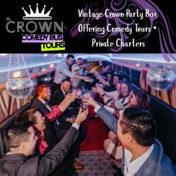 Group of people in a festive party bus raising glasses in a toast, seated along leather benches under disco balls and purple LED lighting — lively party bus, comedy-tour and private-charter vibe.