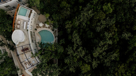 Aerial view of a curved modern villa with a circular swimming pool and rooftop terrace nestled at the edge of a dense green forest canopy.