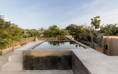 Rooftop concrete plunge pool on a minimalist terrace, reflective water framed by potted palms and tropical trees under a clear evening sky