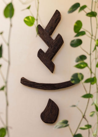 Dark carved wooden wall art panels in abstract shapes arranged vertically on a cream wall, framed by trailing green pothos vines — boho indoor decor