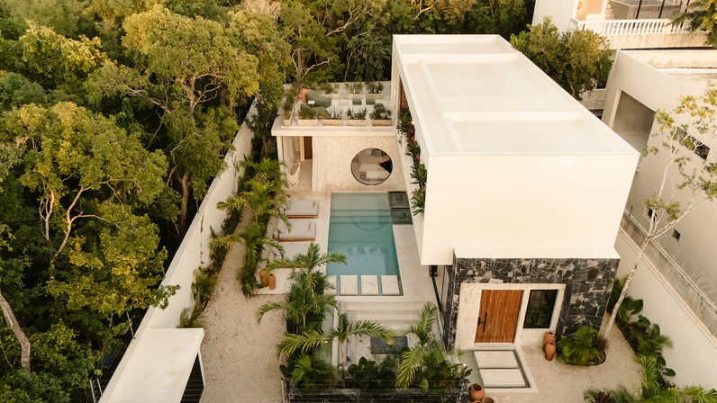 Aerial view of a modern white villa with rooftop terrace and rectangular plunge pool, framed by palm landscaping and dense tropical forest.