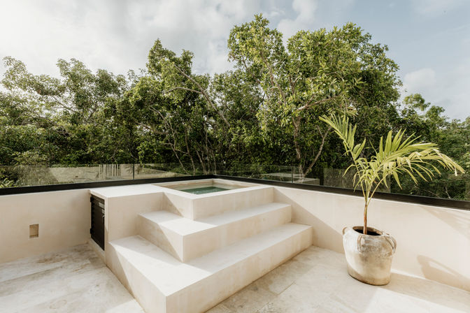 Rooftop terrace with beige stone steps leading to a square plunge pool, glass railing overlooking lush tropical trees, and a potted palm in a rustic clay pot.