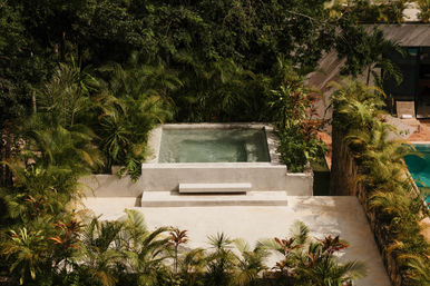 Aerial view of a sunken concrete plunge pool and simple bench on a sun-dappled terrace, surrounded by lush tropical palms and dense garden greenery.