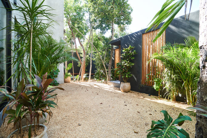 Sunlit modern tropical courtyard with gravel ground, potted palms and lush green foliage, black exterior wall with wooden slatted windows and shady trees creating a peaceful outdoor patio.