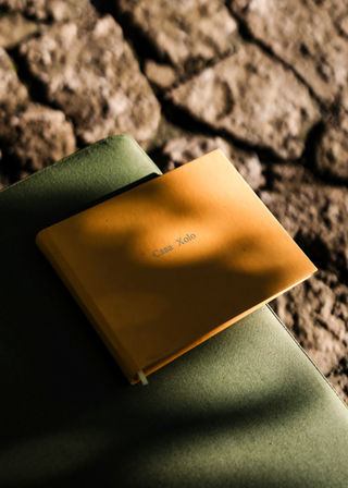 Sunlit orange notebook on a green seat cushion set against textured cobblestone, warm shadows across the cover.