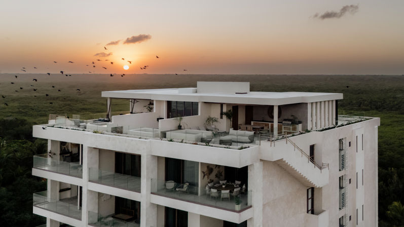 Modern white penthouse rooftop terrace with glass railings and outdoor lounge seating at golden sunset, flock of birds soaring over an expansive green mangrove forest