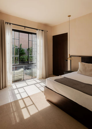 Sunlit modern bedroom with large grid-style glass door and sheer curtains opening to potted greenery, dark wood bed with neutral bedding, pendant lamp, and window-grid shadows on the floor.
