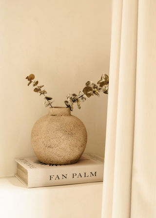 Minimalist neutral vignette: round textured earthen vase holding dried eucalyptus stems, placed on a "FAN PALM" book on a light shelf beside cream curtains.