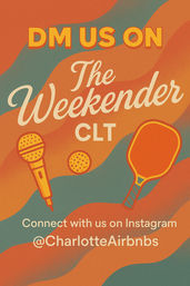 Retro orange-and-teal poster reading "DM us on The Weekender CLT" with illustrated microphone, ping-pong paddle and ball, promoting a Charlotte, NC weekend event.