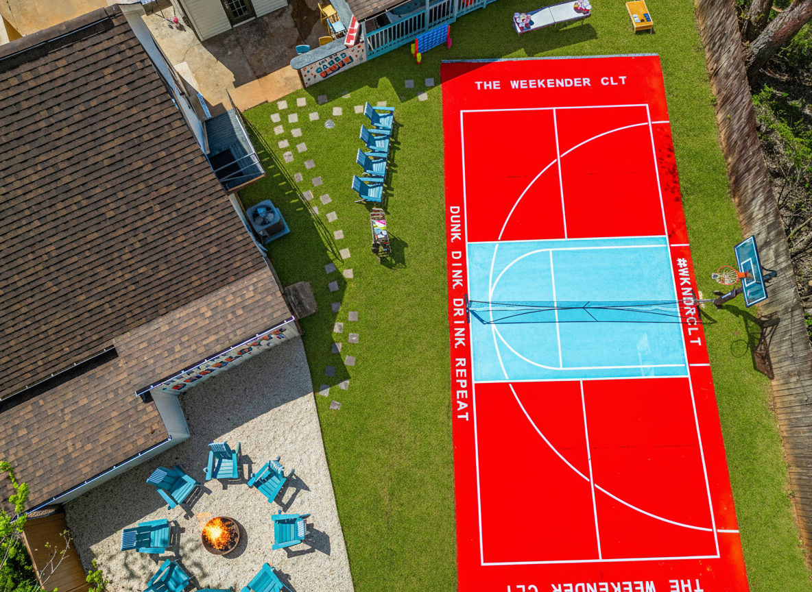 Aerial shot of a vibrant red-and-blue backyard basketball court in a residential yard, surrounded by green lawn, turquoise Adirondack chairs around a fire pit, stepping stones and a nearby house roof.