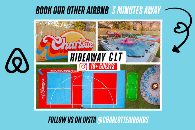 Aerial collage of a Charlotte vacation rental backyard: colorful 'Charlotte' mural, hot tub with pink flamingo float, vibrant red-and-blue basketball half-court, mini-golf putting green, and circular fire pit surrounded by blue chairs; banner notes space for 16+ guests.