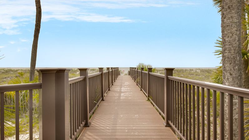Brown wooden beach boardwalk with railings leading over coastal dunes toward the ocean horizon, flanked by palm trees under a clear blue sky.