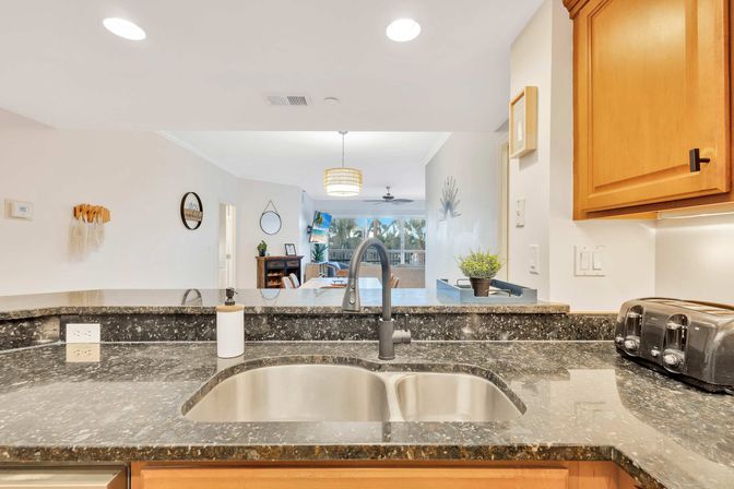 Sunlit open-concept kitchen with dark granite countertop, double stainless sink and matte-black faucet, wooden cabinets, toaster and soap dispenser, overlooking a bright living and dining area and balcony framed by palm trees.