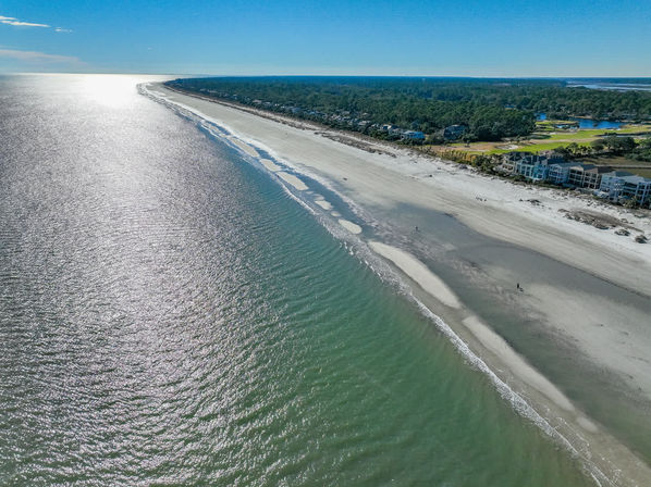 Aerial drone view of a long sandy shoreline and shimmering ocean at low tide, curving coast lined with beachfront homes and pine trees under a clear blue sky