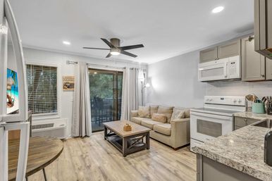 Open-concept condo living room and kitchen with beige sofa, wooden coffee table, modern ceiling fan, sliding glass door to tree-lined balcony, white stove and microwave, gray cabinets and granite countertops on light wood floors.